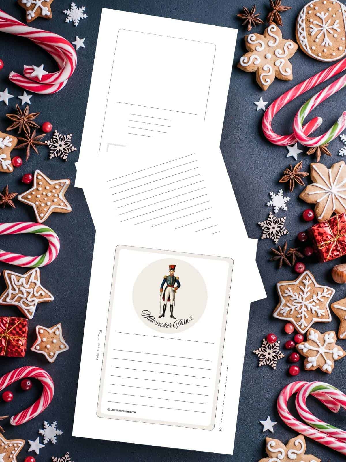 The Nutcracker prince stationary set on a christmas candy background.