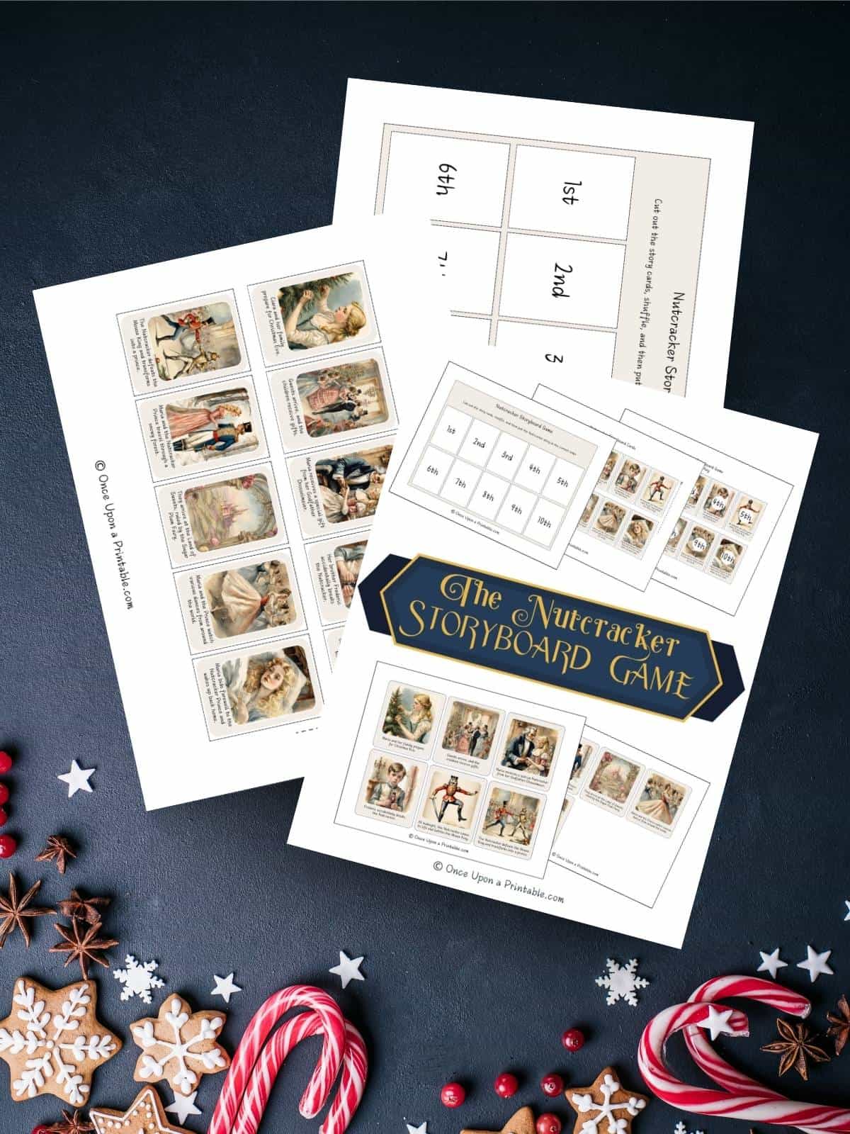 Nutcracker free printable story sequencing game printables with vintage-style watercolor graphics from the Nutcracker on a dark blue background with candies and cookies.