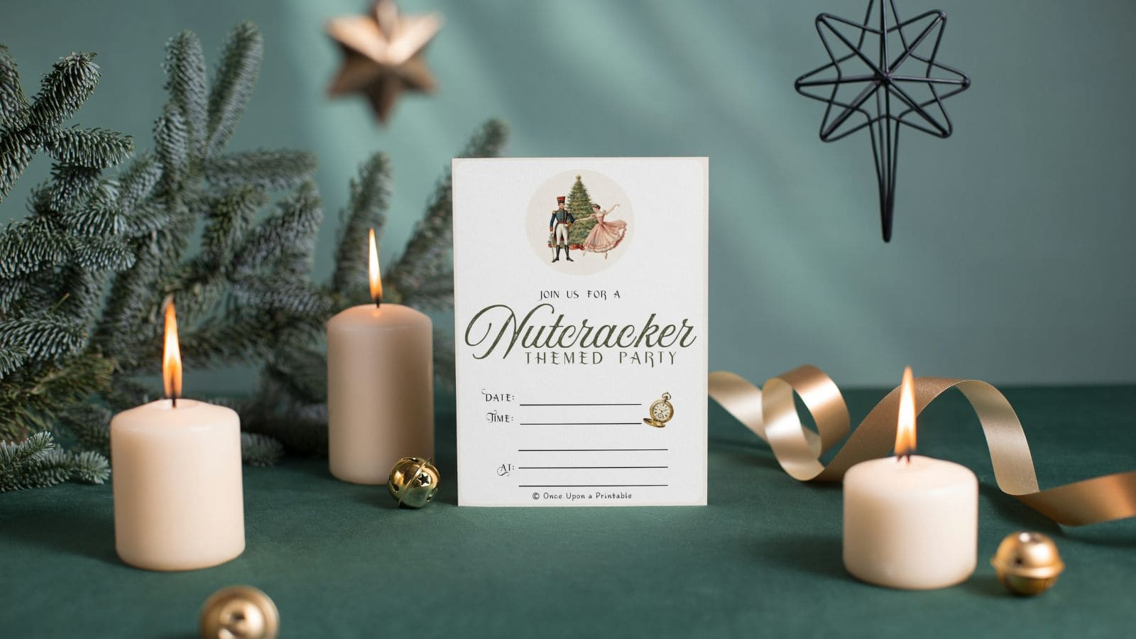 Nutcracker themed party invitations next to lit candles on green velvet and a christmas tree.