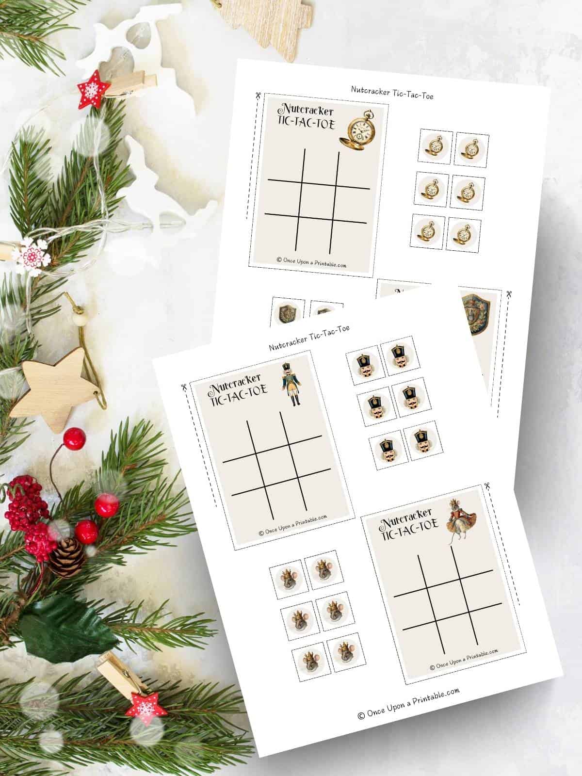 The Nutcracker and the Mouse king illustrated Tic Tac Toe game cards and character pieces.