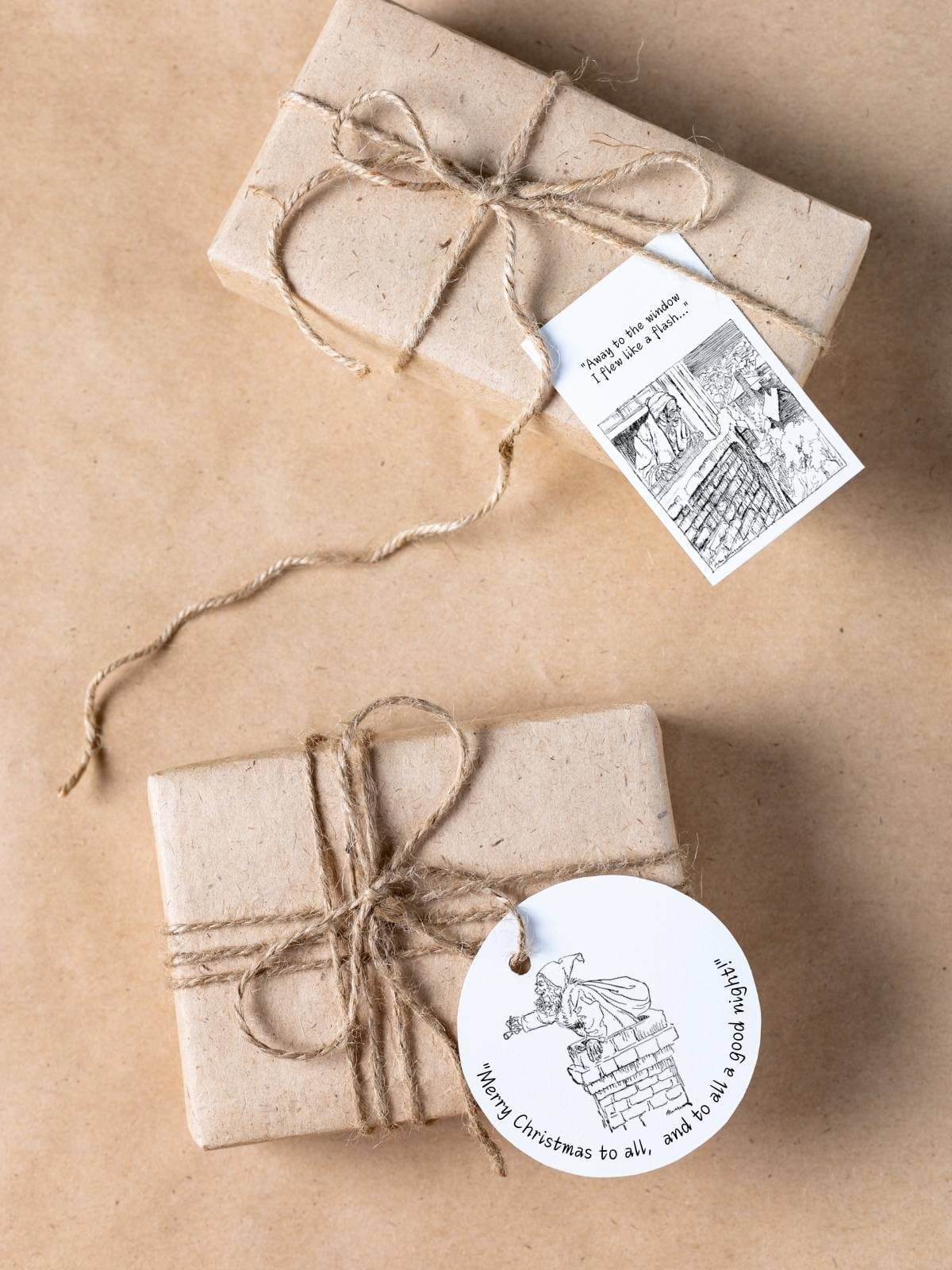 'Twas the night before christmas original illustrations in black and white from Arthur Rackham, on top of brown paper packages tied up with string.