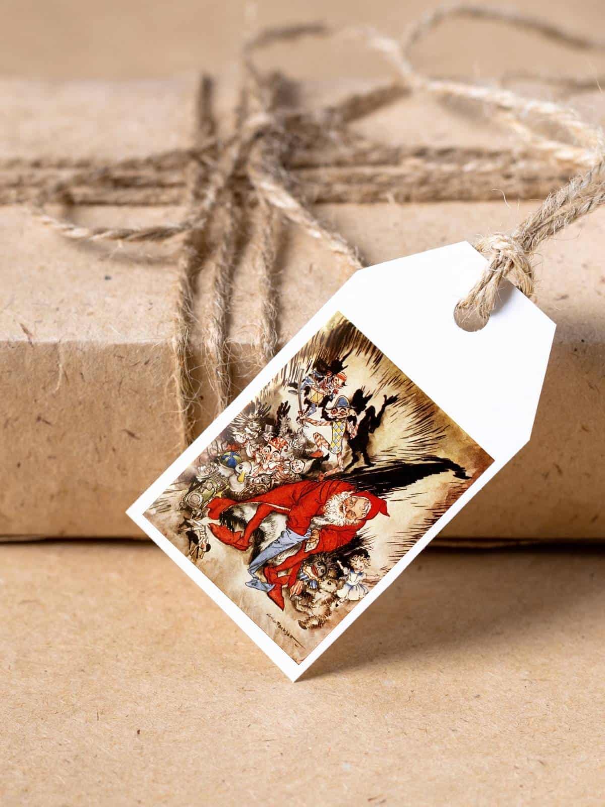 Twas the night before christmas, brightly colored santa clause illustration by Arthur Rackham.