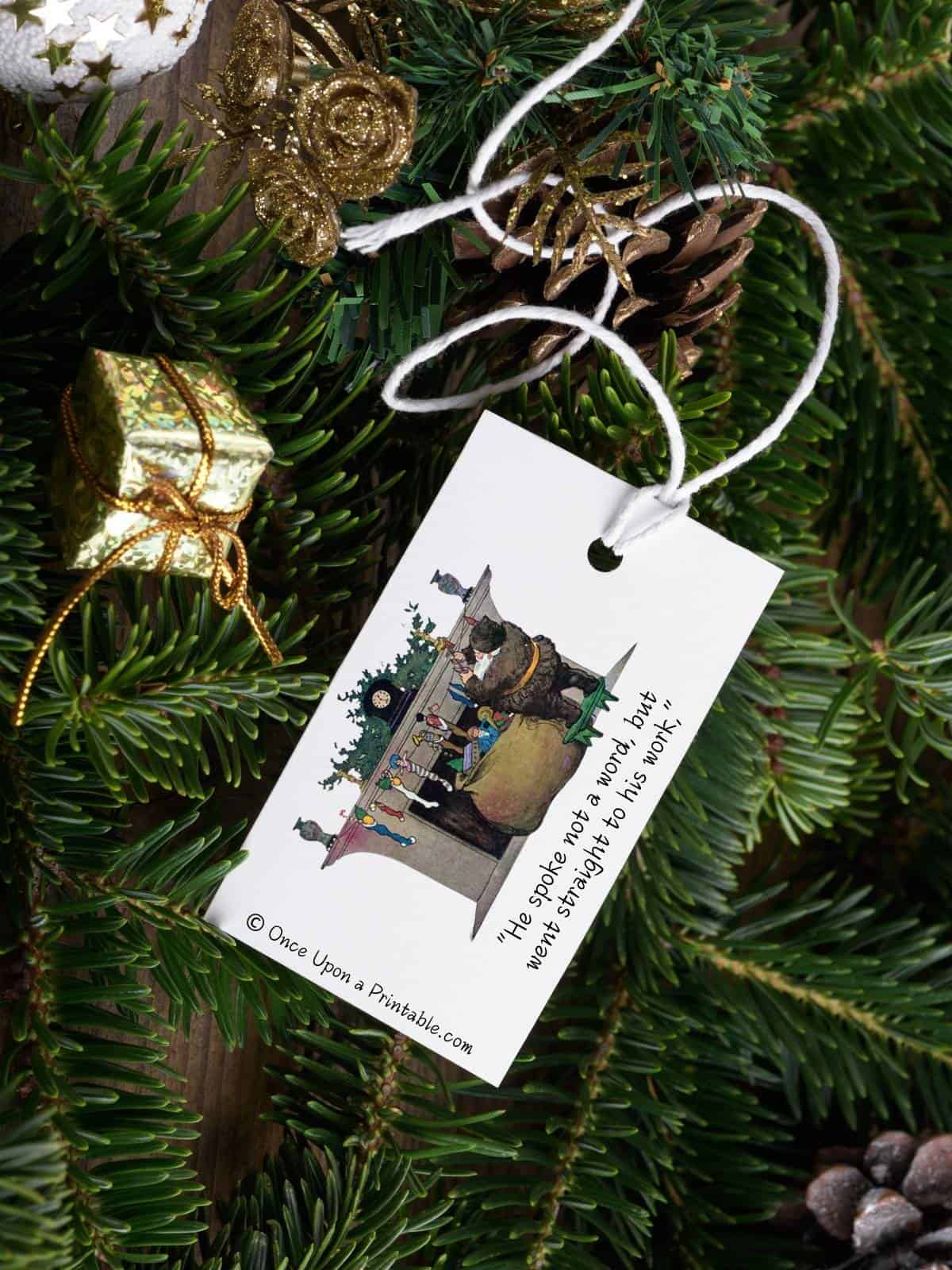 Simple vintage Christmas gift tags on brown paper wrapped boxes and red ribbon, adorned with a vintage illustration by Jessie Willcox Smith's version of Twas the night before Christmas story.