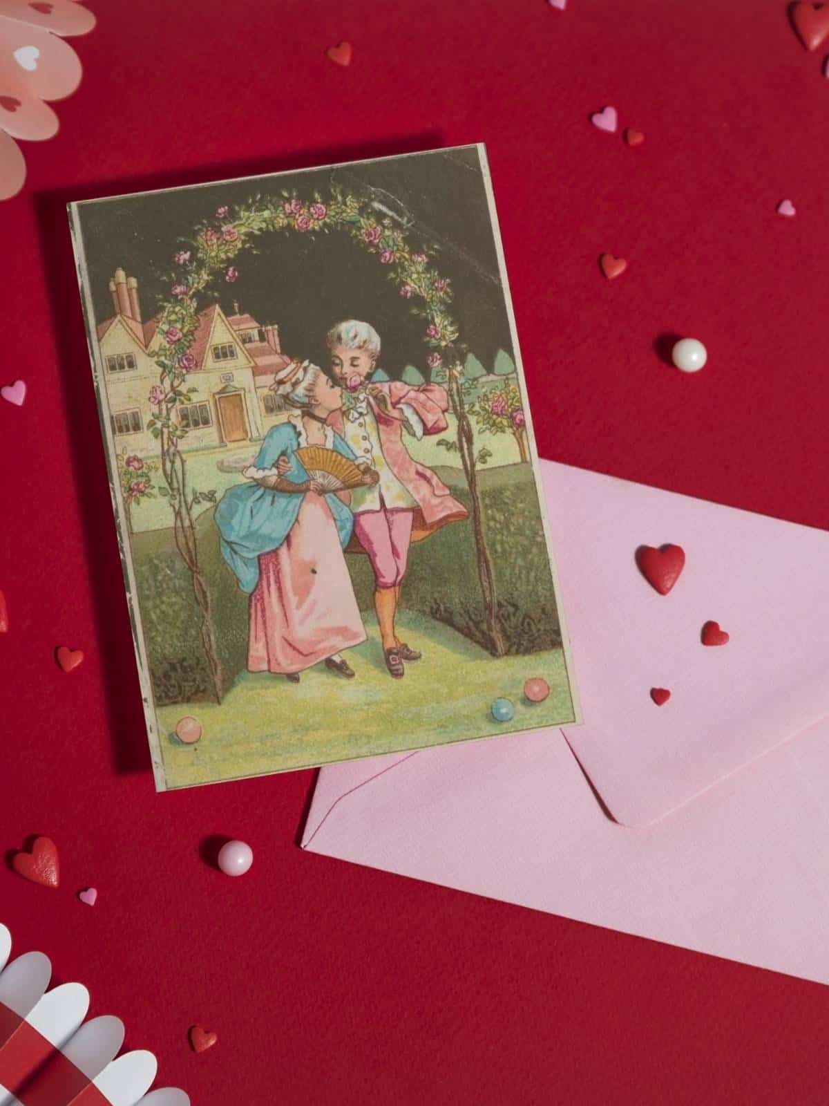 Kate Greenaway illustrated Victorian Valentine's Day card free printable sheets.