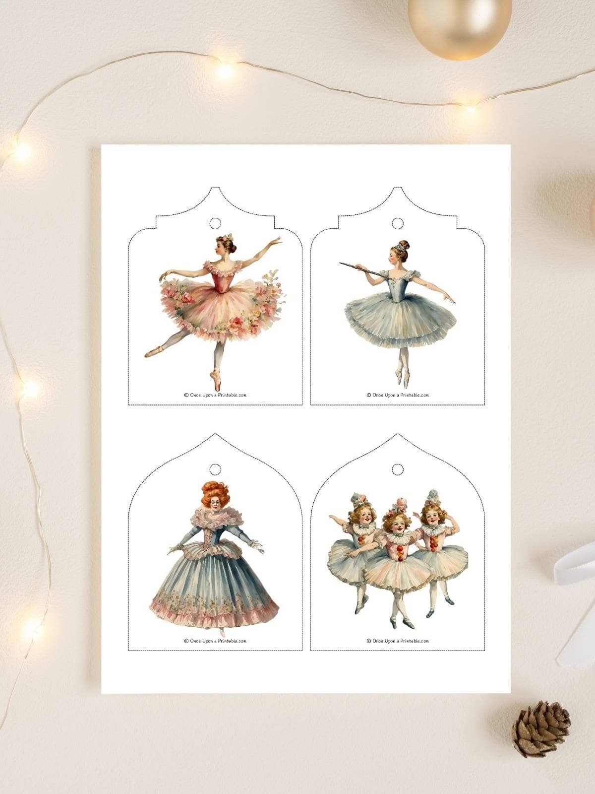 Nutcracker inspired illustrated christmas tree ornament printables.