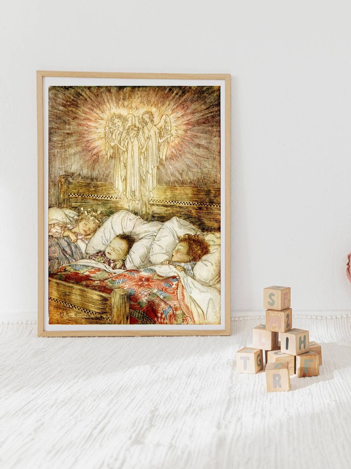 Twas the Night before Christmas illustrations by Arthur Rackham in full color, framed and displayed on the wall.