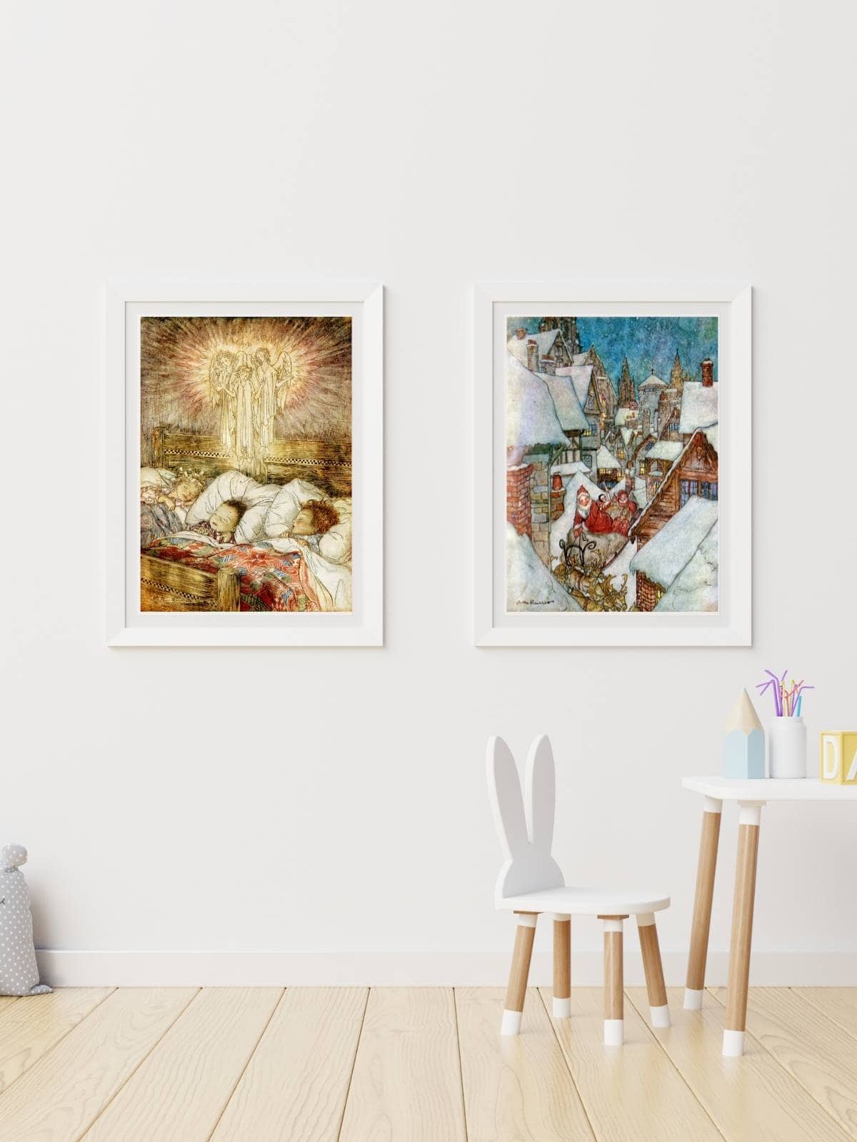 Twas the Night before Christmas illustrations by Arthur Rackham in full color, framed and displayed on the wall.