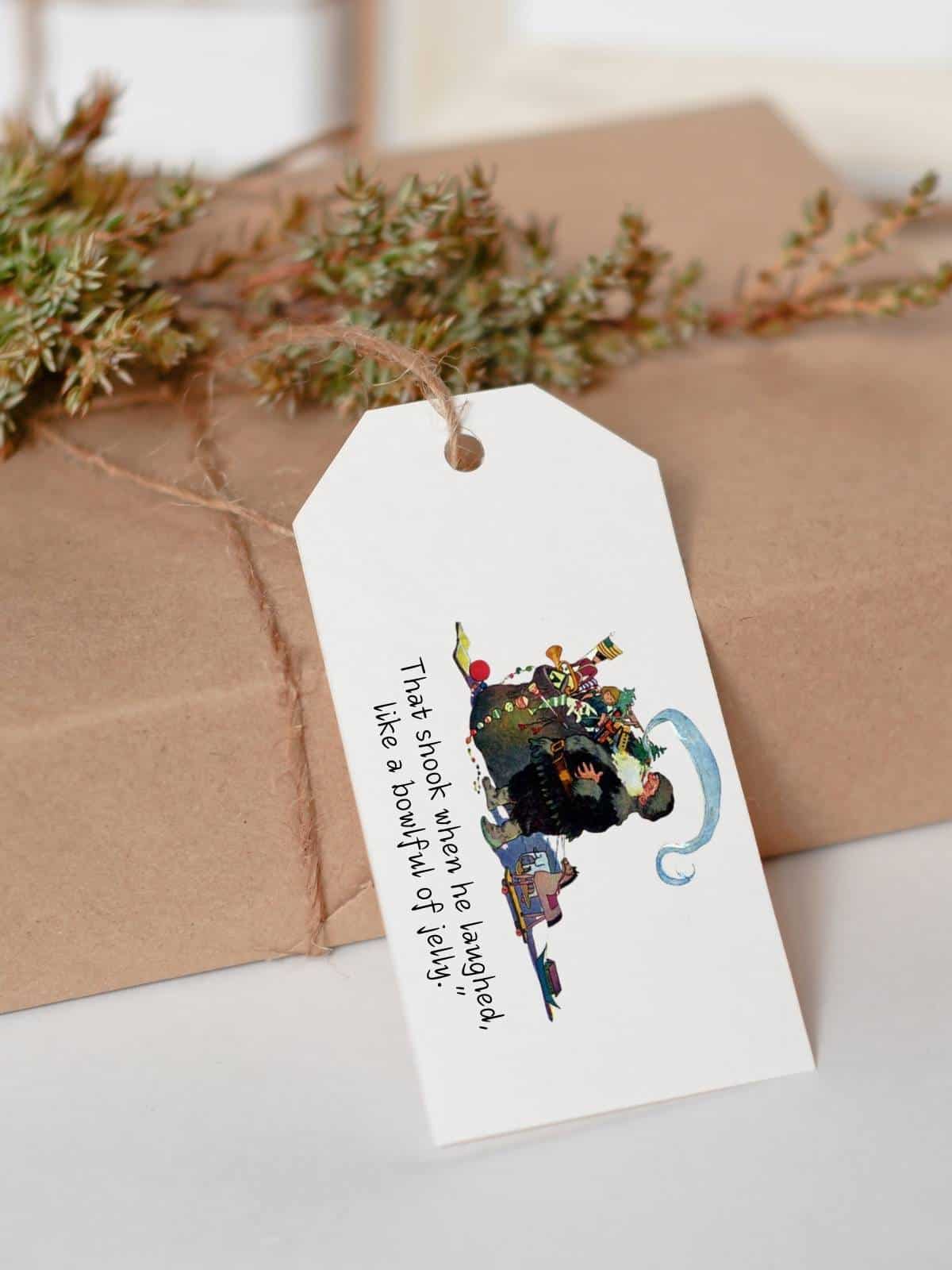 Simple vintage Christmas gift tags on brown paper wrapped boxes and red ribbon, adorned with a vintage illustration by Jessie Willcox Smith's version of Twas the night before Christmas story.