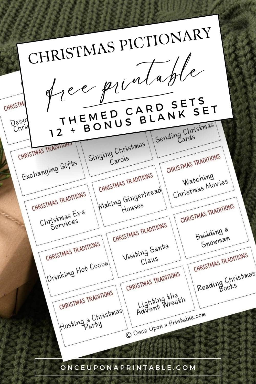 Christmas Pictionary themed card sets, plus a bonus blank set to make your own. 