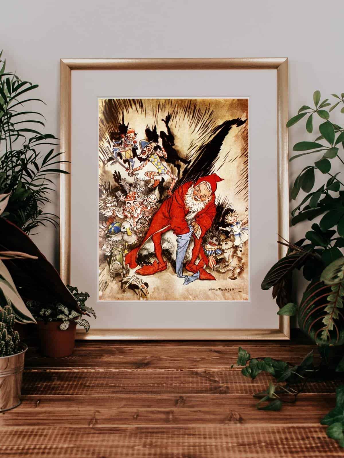 Twas the Night before Christmas illustrations by Arthur Rackham in full color, framed and displayed on the wall.