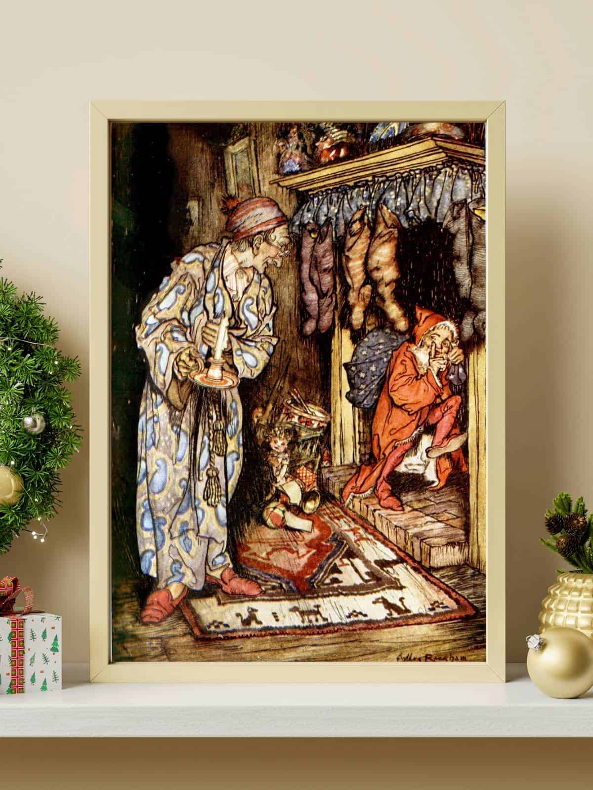 Twas the Night before Christmas illustrations by Arthur Rackham in full color, framed and displayed on the wall.