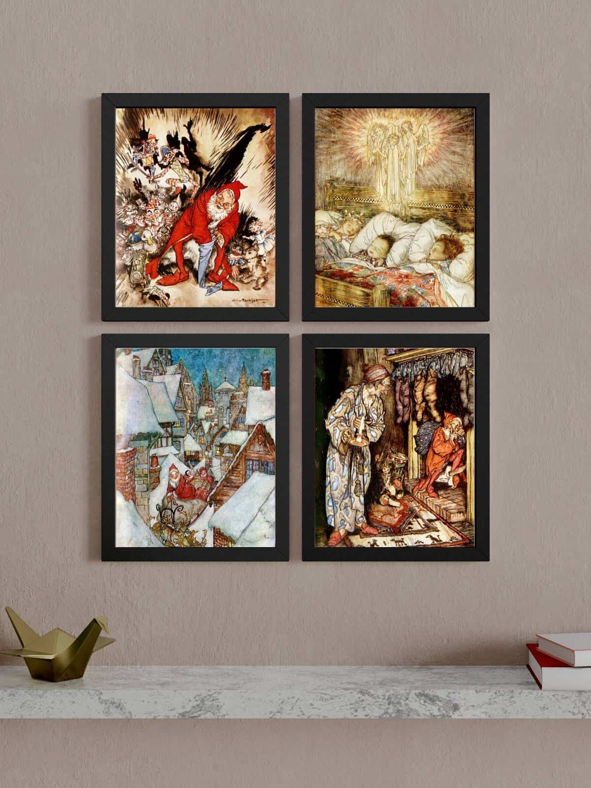 Twas the Night before Christmas illustrations by Arthur Rackham in full color, framed and displayed on the wall.