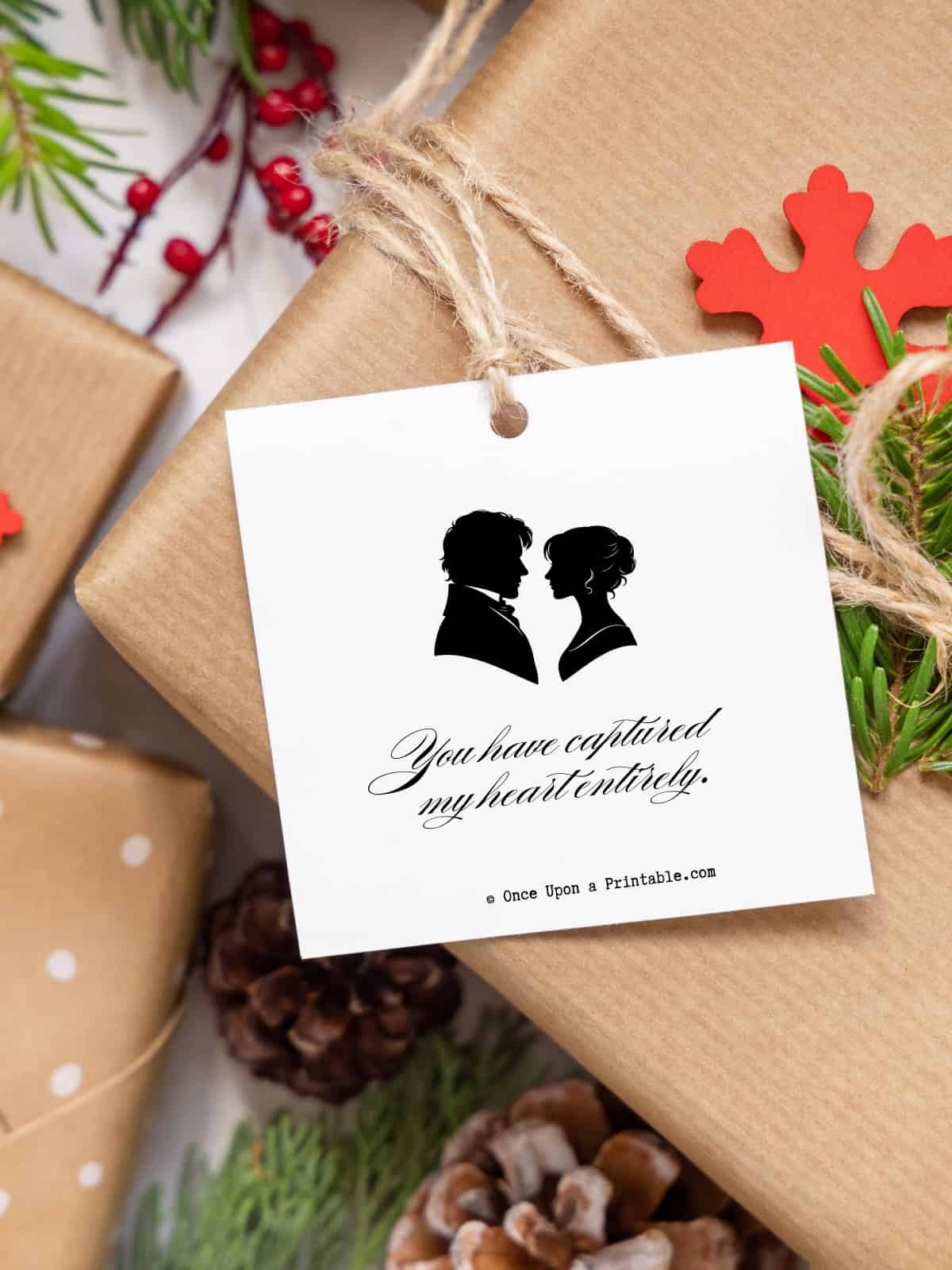 Valentine's day gift tags with quotes from Pride and Prejudice.