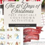 The two versions of 12 Days of Christmas countdown pages with watercolor graphics in pastel and bright red displayed on a wooden surface with green garland and little red ornaments.