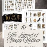 The Legend of Sleepy Hollow Bingo game printables on a wooden table.