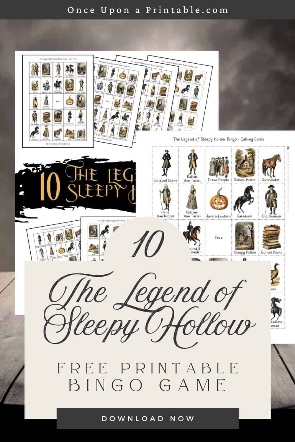 The Legend of Sleepy Hollow Bingo game printables on a wooden table.
