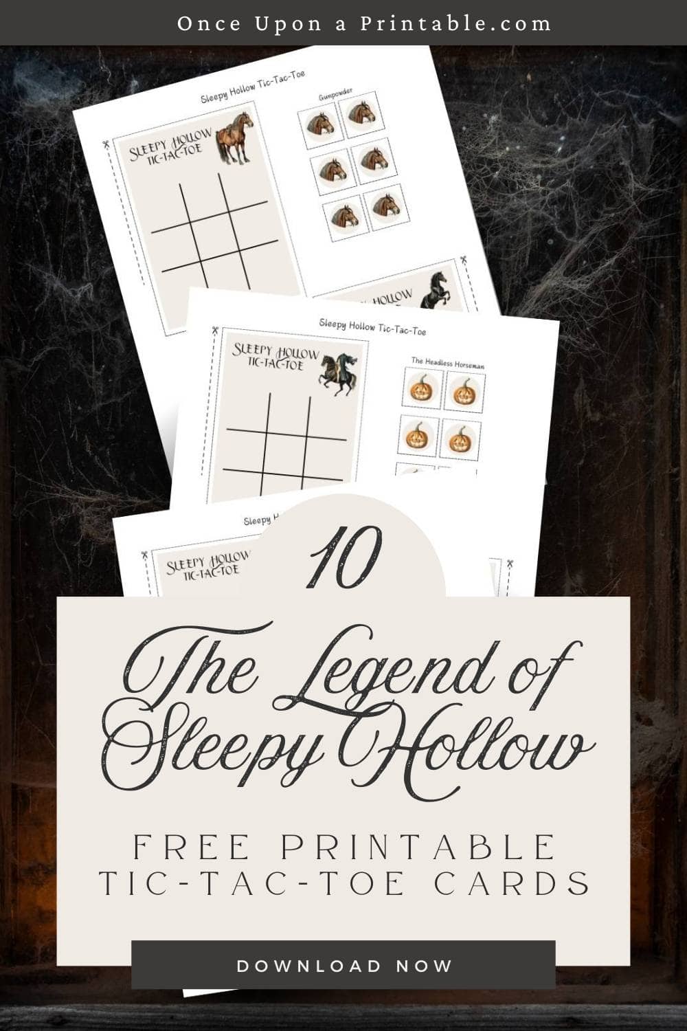 The Legend of Sleepy Hollow tic tac toe game printables up against spider webs.