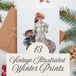 Vintage illustration of a woman pulling a sled with two children in it, illustrated by Sarah Stilwell Weber displayed with greenery, red berries, and christmas tree ornaments.