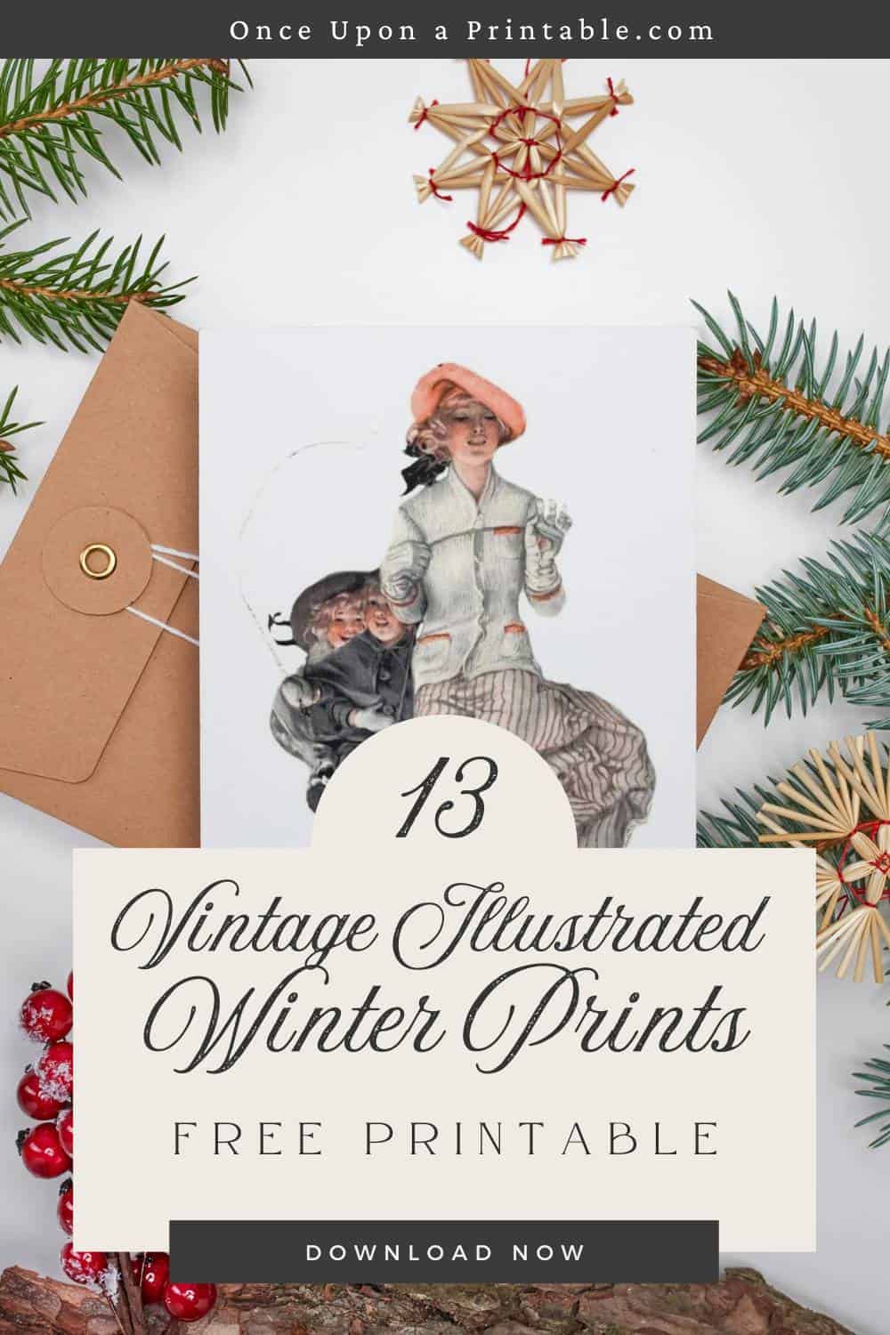 Vintage illustration of a woman pulling a sled with two children in it, illustrated by Sarah Stilwell Weber displayed with greenery, red berries, and christmas tree ornaments.