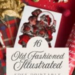 Santa Claus with a little boy sitting on his lap, a greeting card displayed on red Christmas wrapping.