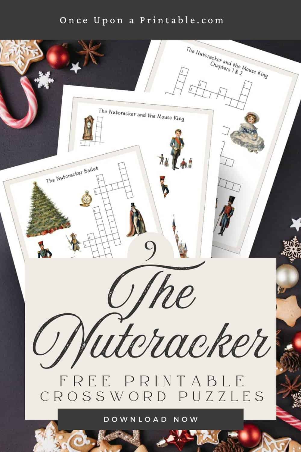 Nutcracker themed crossword puzzles with beautiful vibrant watercolor graphics printed and laying on a dark blue background with candy and cookies.