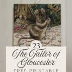 An illustration by Beatrix Potter of a mouse threading a needle from the Tailor of Gloucester.