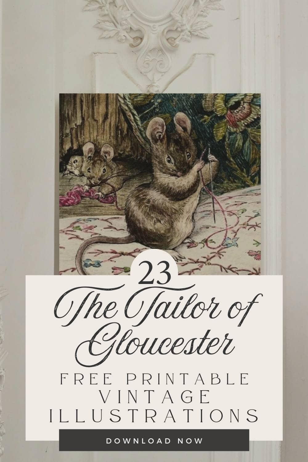 An illustration by Beatrix Potter of a mouse threading a needle from the Tailor of Gloucester.