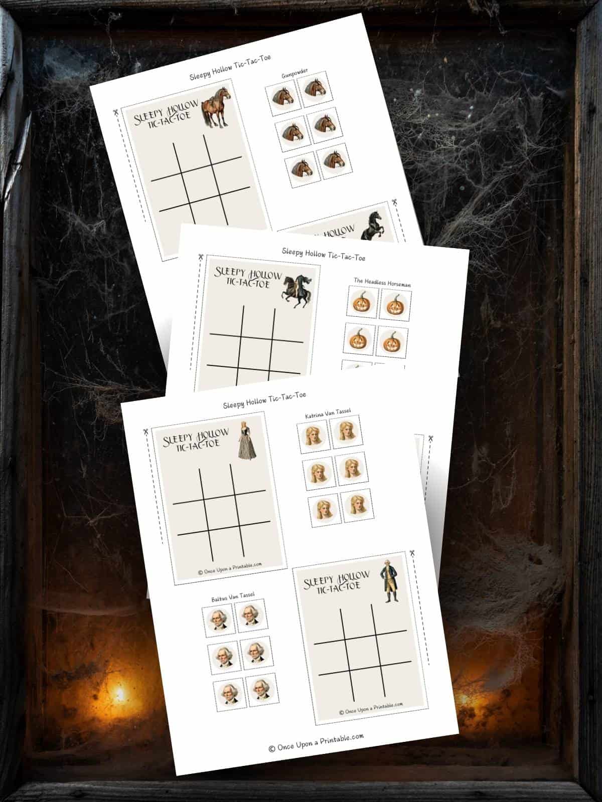 The Legend of Sleepy Hollow tic tac toe game printables up against spider webs.