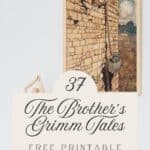 Rapunzel illustrated by Arthur Rackham from the Brother's Grimm fairy tales, framed and displayed on a wall next to a wooden drawing tool.