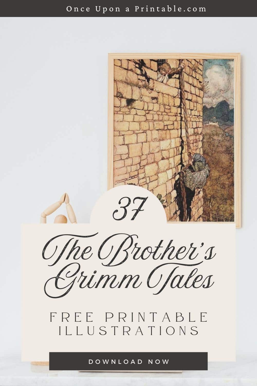 Rapunzel illustrated by Arthur Rackham from the Brother's Grimm fairy tales, framed and displayed on a wall next to a wooden drawing tool.