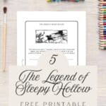 The legend of Sleepy Hollow free printable stationary displayed on a wooden table with coloring pencils.