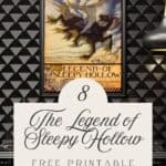 The legend of Sleepy Hollow illustration by Arthur Rackham framed and displayed on a black wall above a black table.