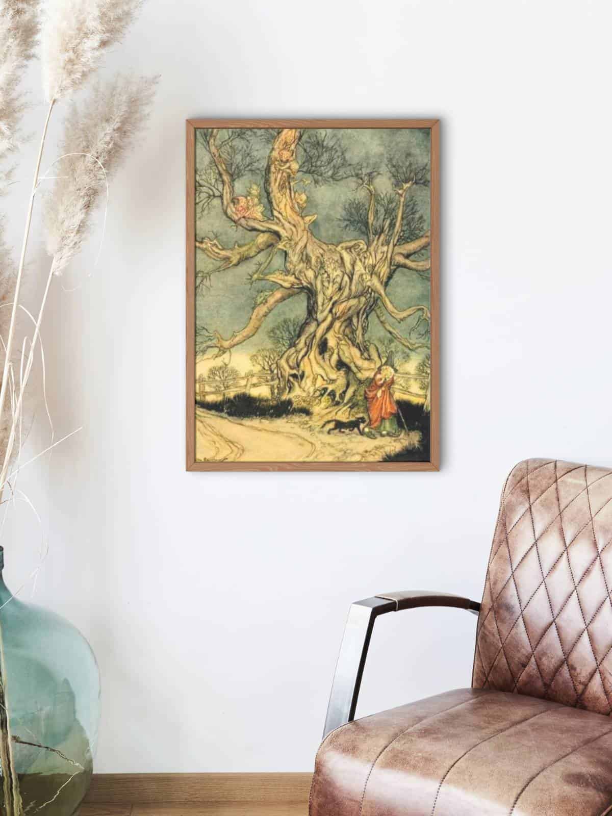 Arthur Rackham illustrations of The Legend of Sleepy Hollow story, a haunted tree and a suspicious old lady. Framed and hanging on a wall next to a dried plant and a leather chair.