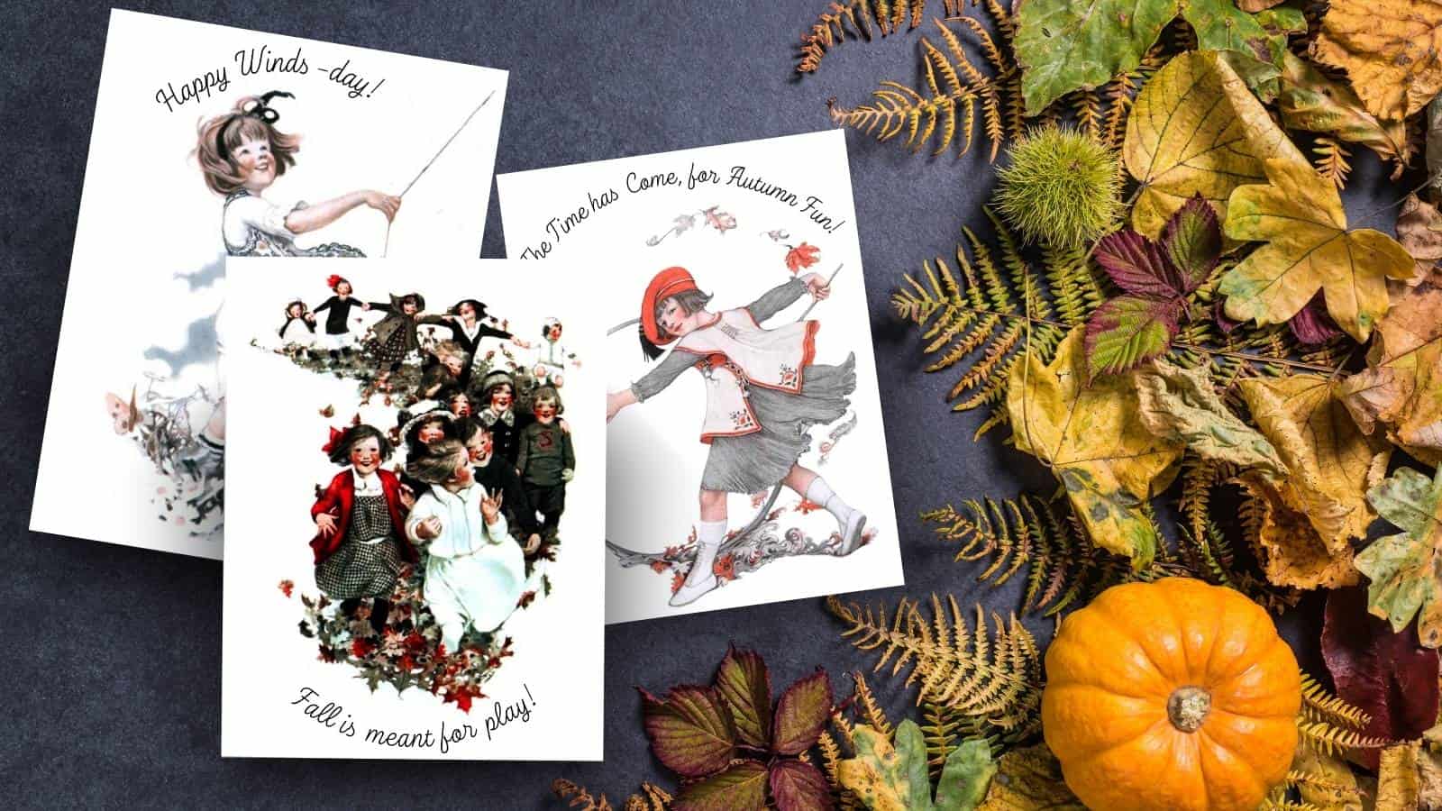 Autumn poetry greeting cards illustrated by Sarah-Stilwell-Weber laying on a dark grey background with autumn leaves and a pumpkin.