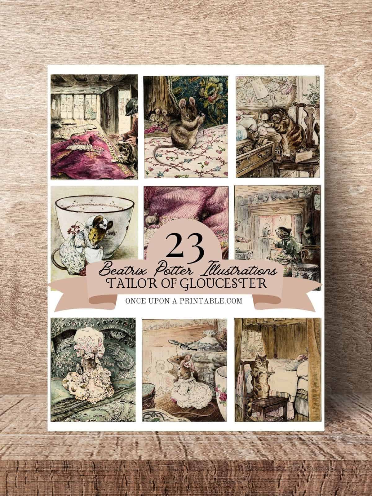 Tailor of Gloucester printable illustrations displayed on a wooden surface with fall leaves.
