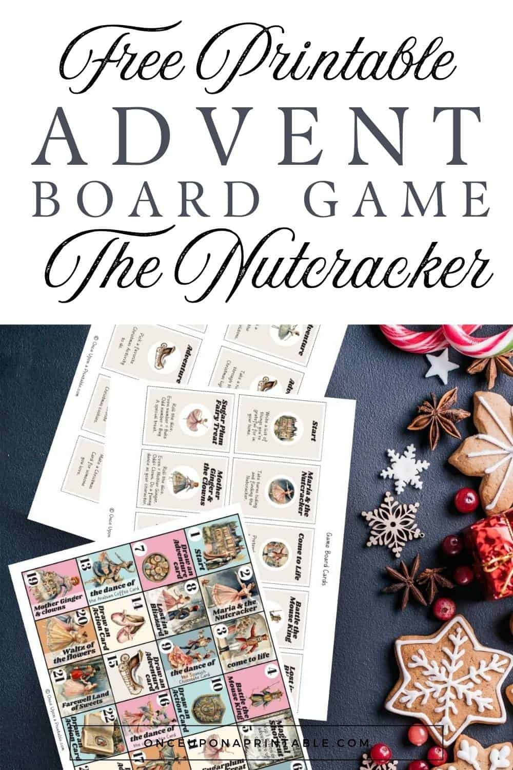 Beautiful colorful watercolor graphics of Nutcracker characters in an advent board game displayed on a navy table with gingerbread cookies and candy canes.