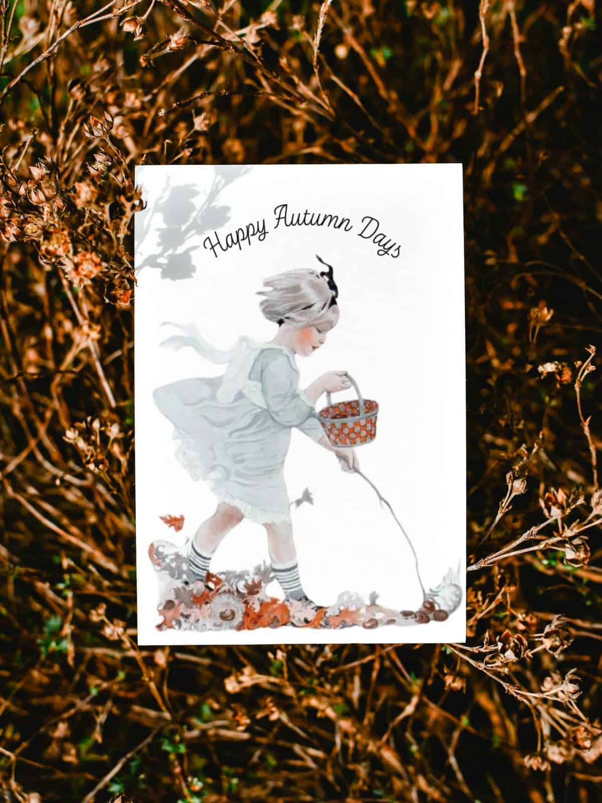 Girl walking in the leaves by sarah stilwell-weber on a greeting card sitting in dried plants.