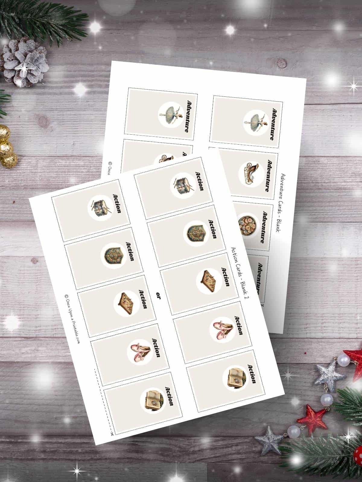 Nutcracker action and adventure cards for the Advent board game with watercolor graphics of Nutcracker characters displayed on a page on a wooden background with garland and Christmas ornaments,.
