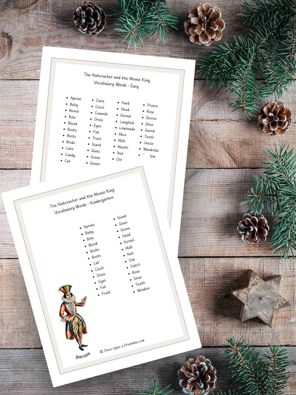 Nutcracker themed vocabulary word lists that coincide with the crossword puzzles, displayed on a wooden background with garland.
