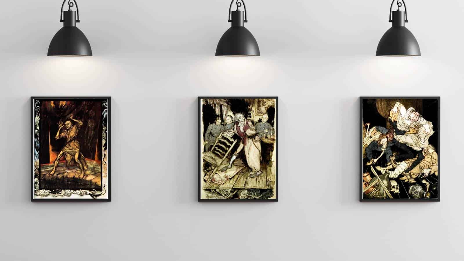 Illustrations by Arthur Rackham from Poe's stories of mystery and imagination framed in a gallery of 3 on a wall below three light fixtures.