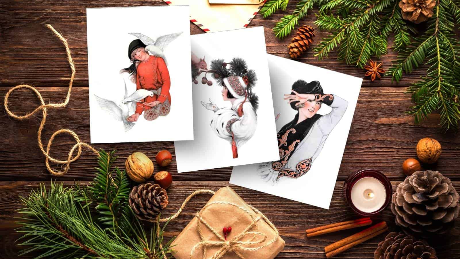 Three illustrated prints with a winter theme by Sarah Stilwell Weber next to faux christmas picks on a wooden table.