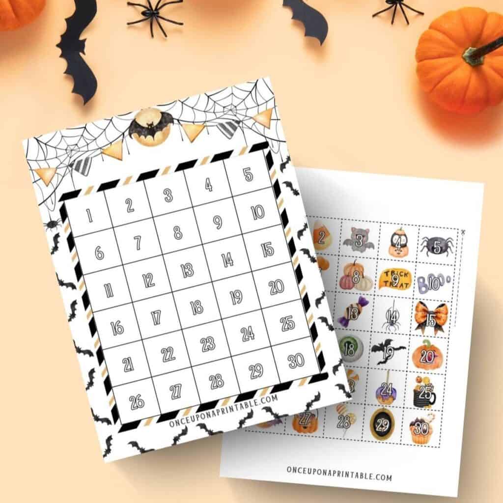 Halloween countdown calendar with fun watercolor graphics, pumpkins, bats, spiders, and a ghost cookie.