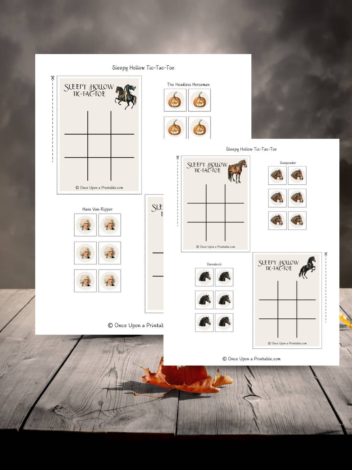 Legend of Sleepy Hollow tic tac toe game printable on a wooden table.