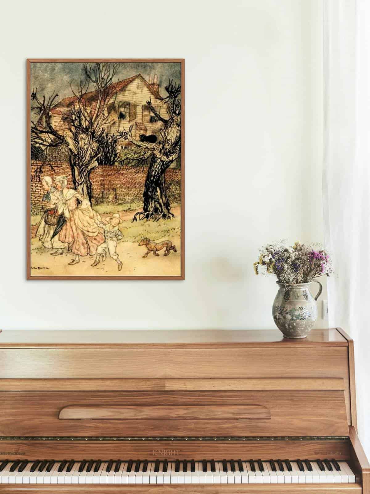 Sleepy Hollow villagers illustrated by Arthur Rackham framed and displayed above a wooden piano.