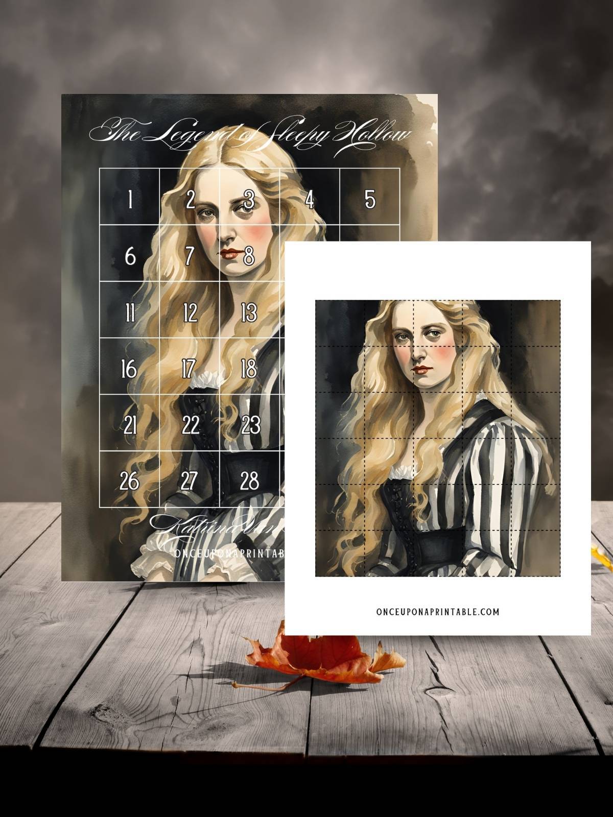 Katrina Van Tassel Halloween countdown puzzle and puzzle pieces. 