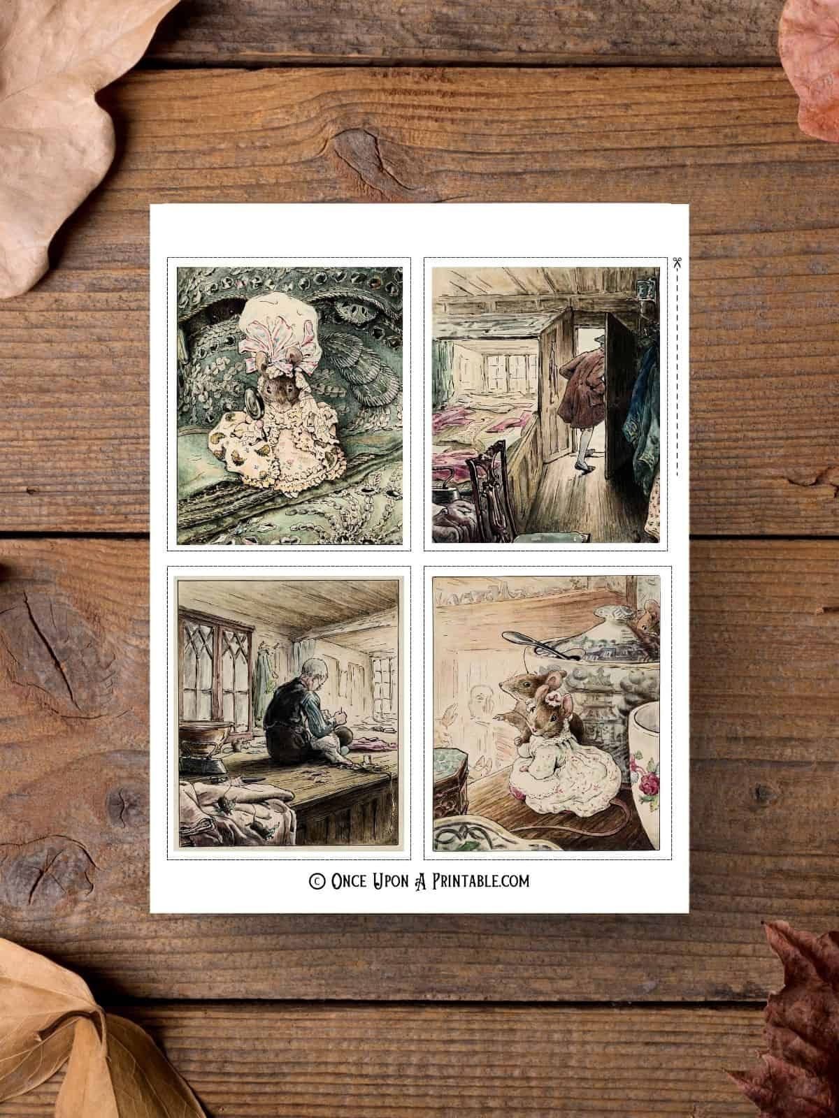 Tailor of Gloucester printable illustrations displayed on a wooden surface with fall leaves.