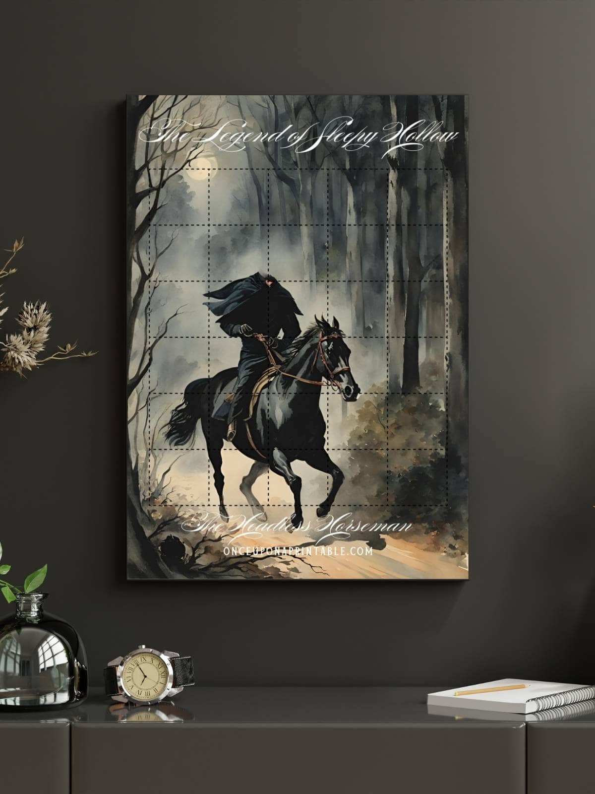 The headless horseman halloween countdown puzzle displayed up on a wall.