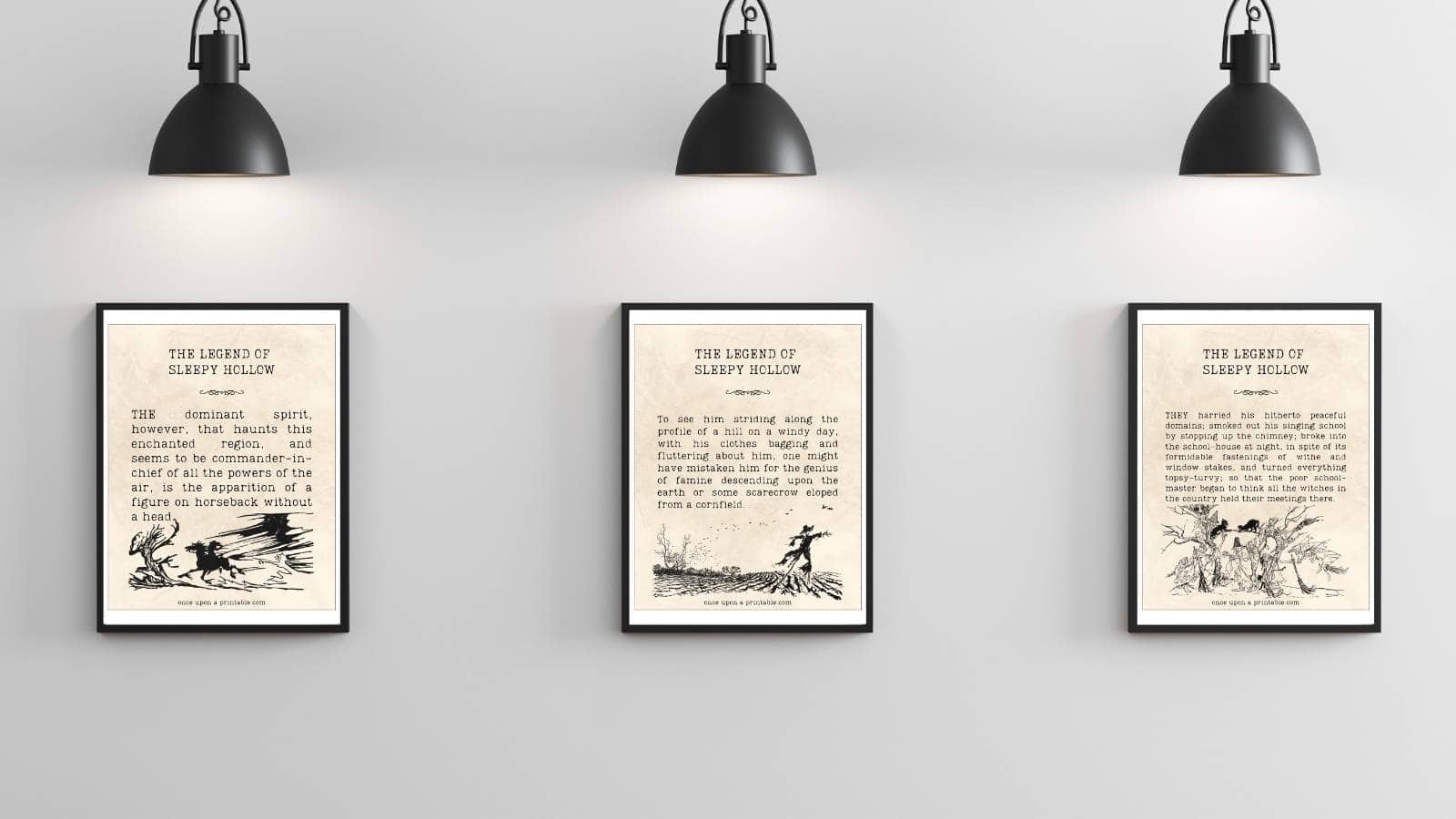 Three framed quotes from the book The legend of Sleepy Hollow, above them each is a light fixture.