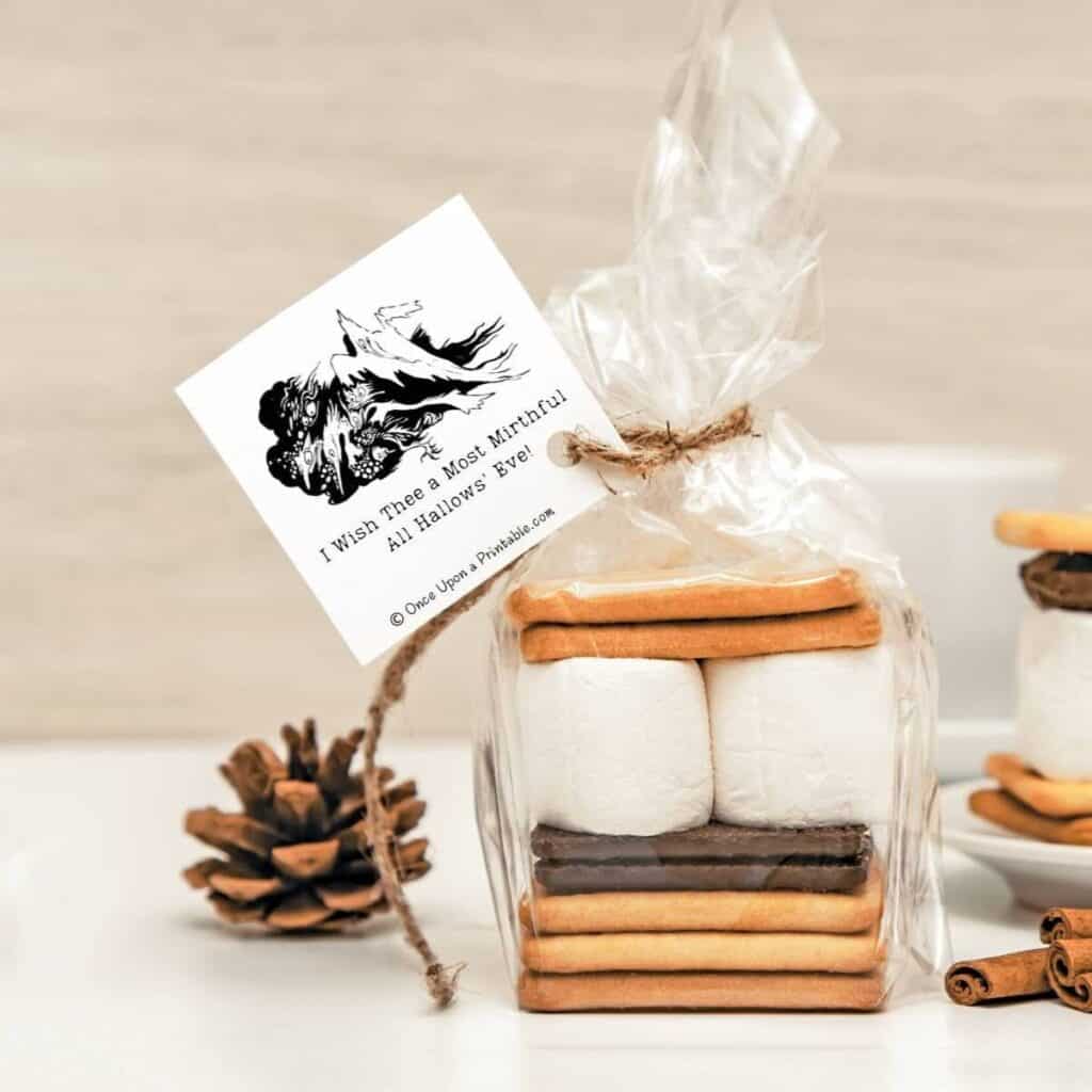 Sleepy Hollow illustrated Halloween goodie bag tag on top of a smore kit.