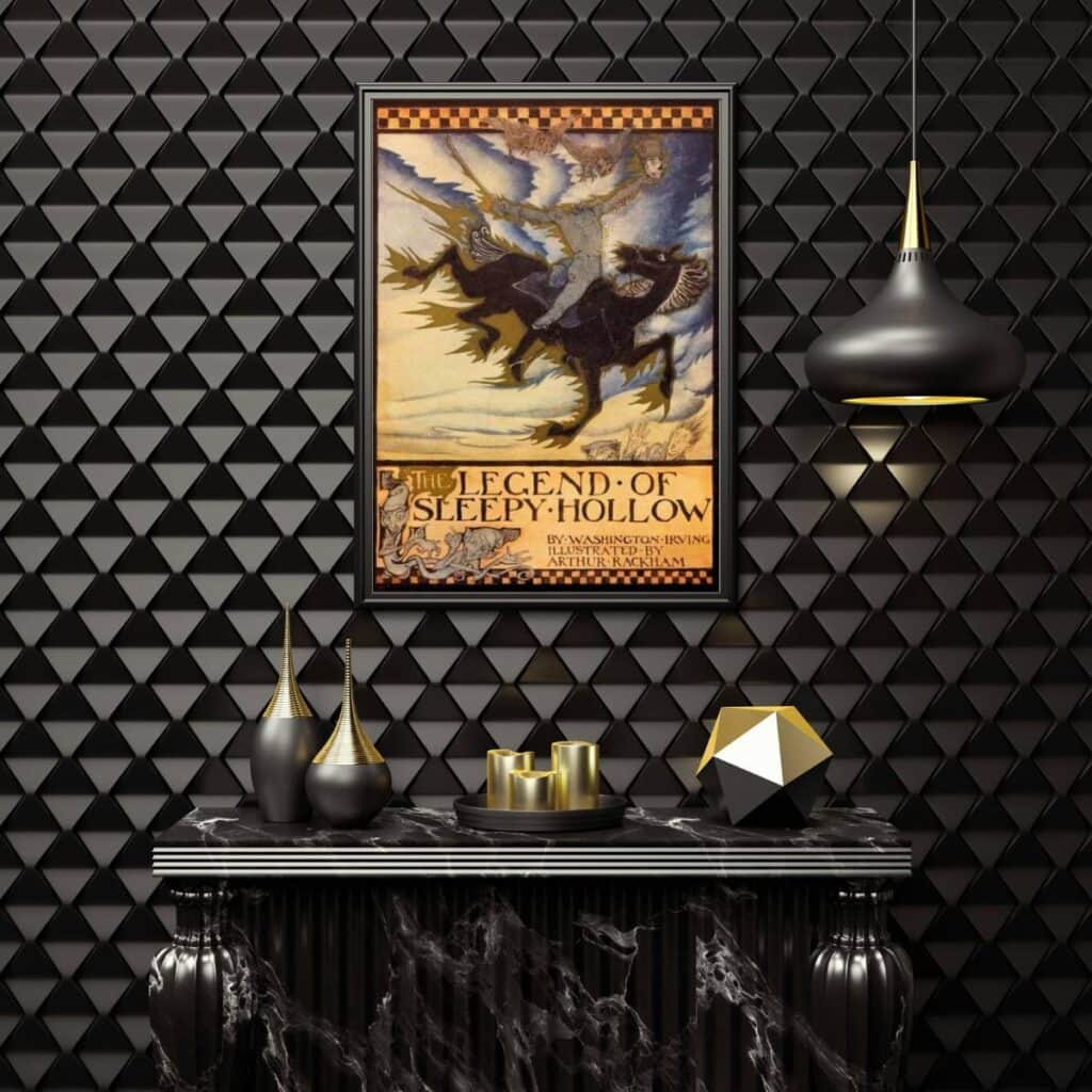 The legend of Sleepy Hollow illustration by Arthur Rackham framed and displayed on a black wall above a black table.